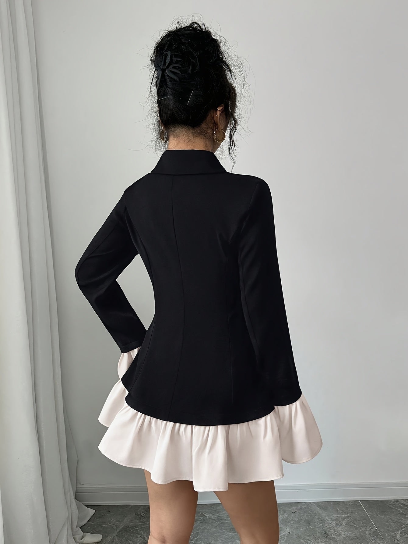 Women's Elegant Black & White Contrast Tailored Blazer Jacket with Notched Lapel, Ruffle Sleeve & Single-Button Closure - X-Silhouette Machine-Washable Spring/Fall Outerwear, Semiformal Attire | Pocketside Design | Sophistica